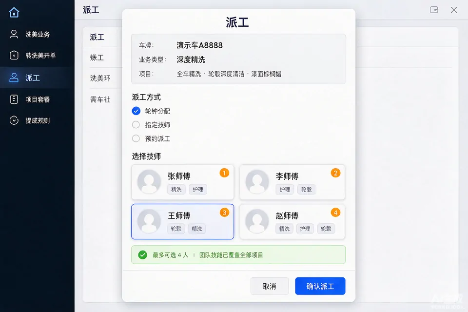 收银台派工界面示意（演示数据）